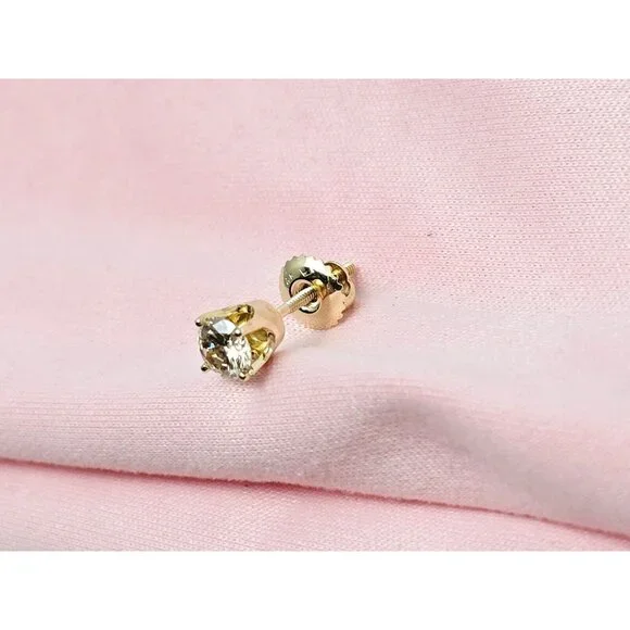 Single 14K Solid Yellow Gold Designer Round Diamond Screw Back Stud Earring